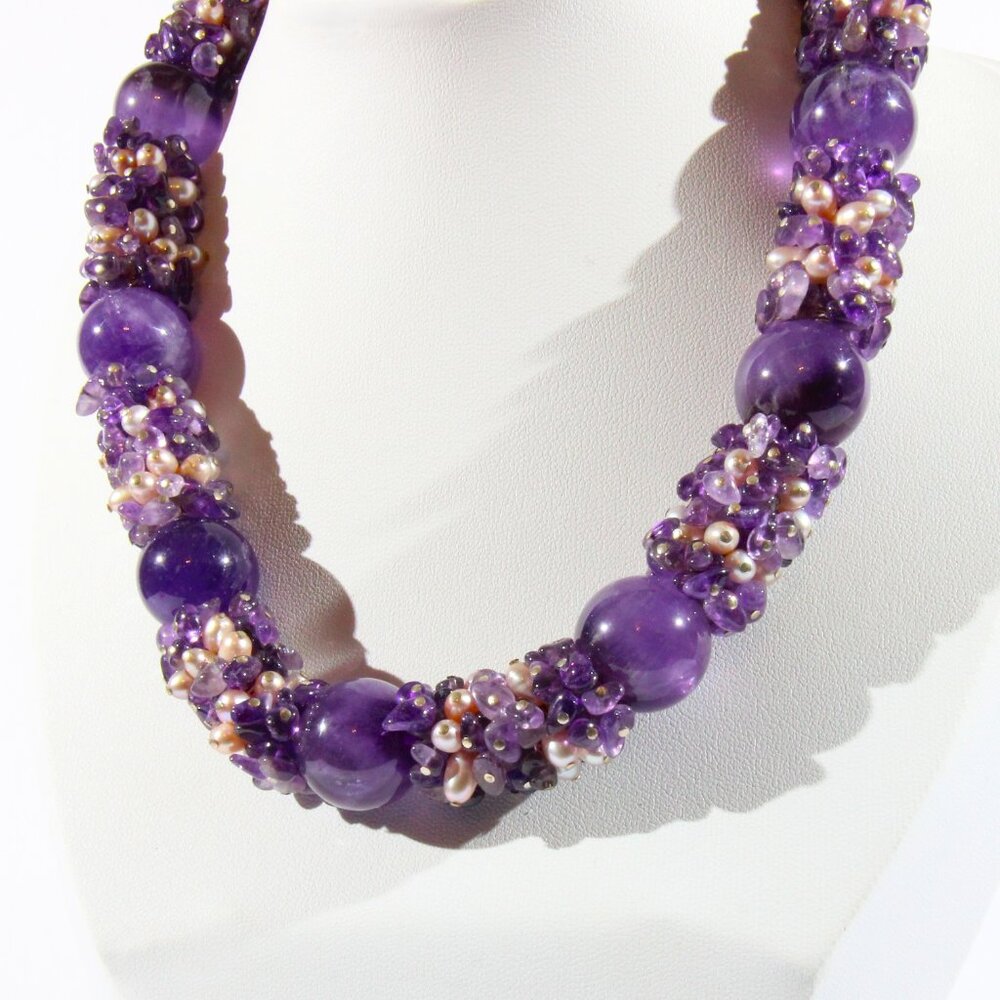 Sterling Silver .925 Amethyst and Pearl Stone Necklace - Picture 4 of 11